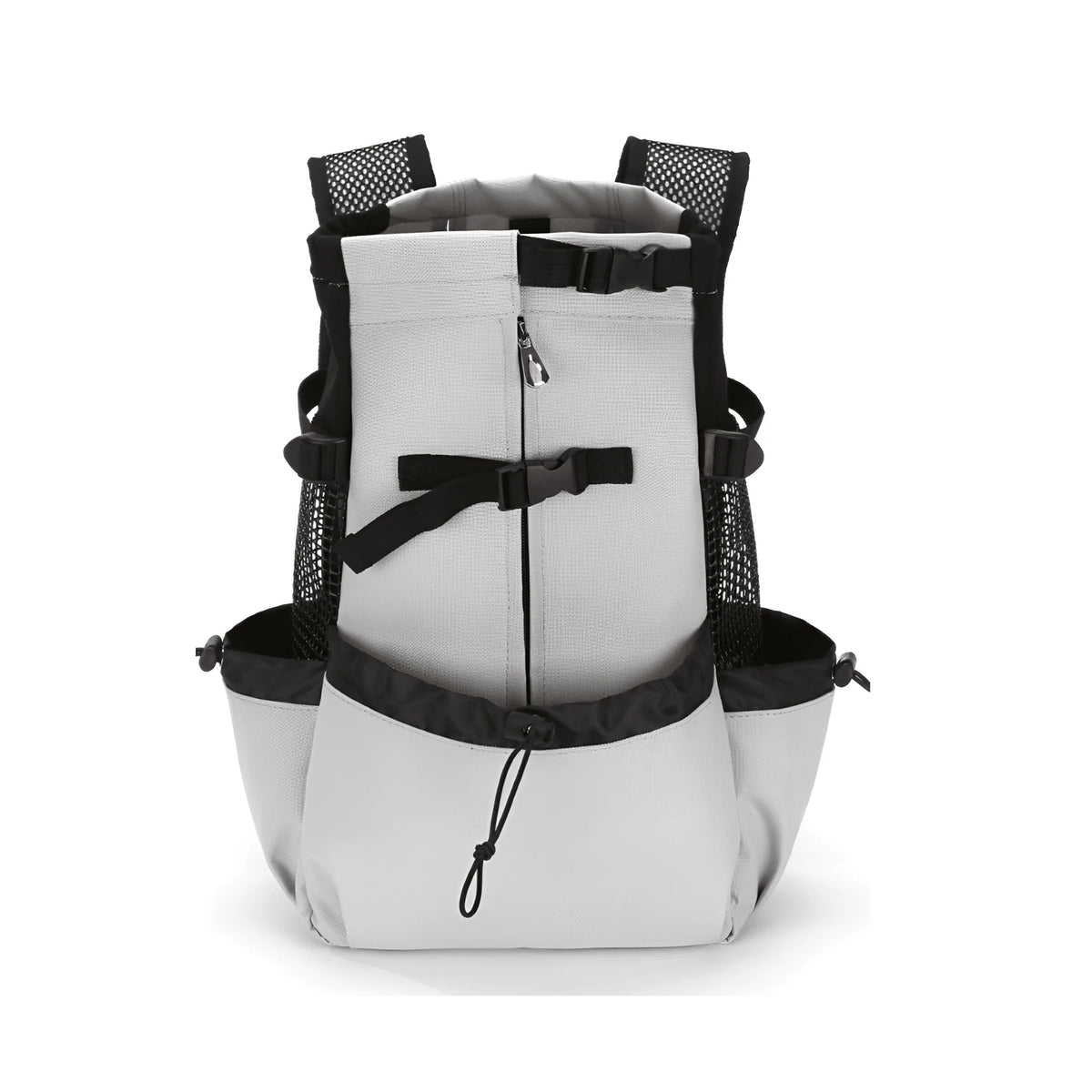 Dog carrier backpack designed for small dogs featuring breathable mesh panels, adjustable support straps, and reflective strips for safety and comfort. 7