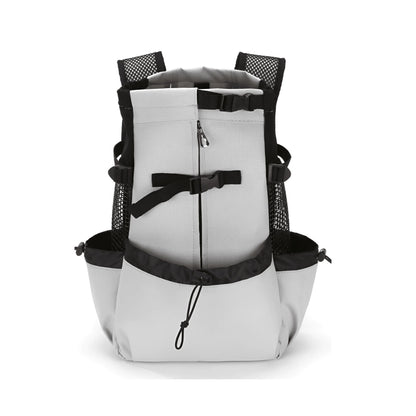 Dog carrier backpack designed for small dogs featuring breathable mesh panels, adjustable support straps, and reflective strips for safety and comfort. 7
