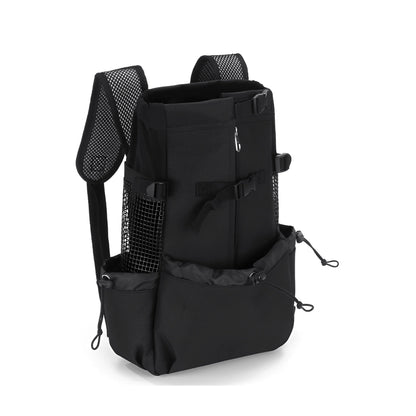 Dog carrier backpack designed for small dogs featuring breathable mesh panels, adjustable support straps, and reflective strips for safety and comfort. 9