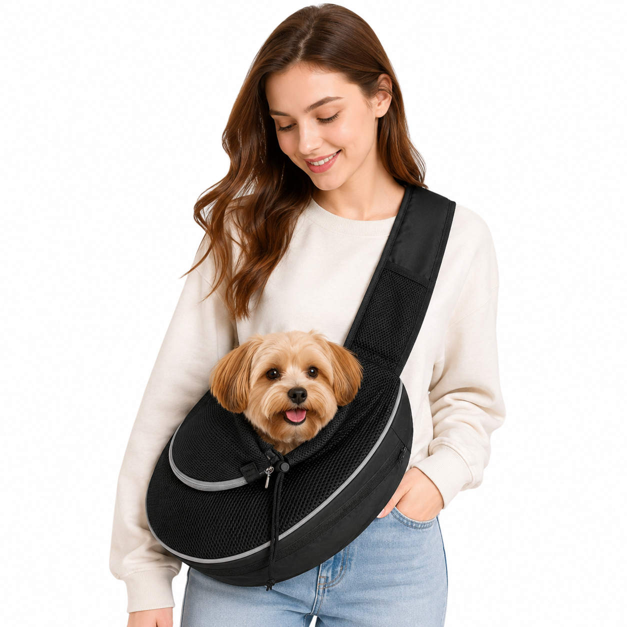 Dog Carrier Sling for Small Pets featuring a Safety Hook, made from soft breathable fabric, lightweight and portable design for comfortable pet travel. 1