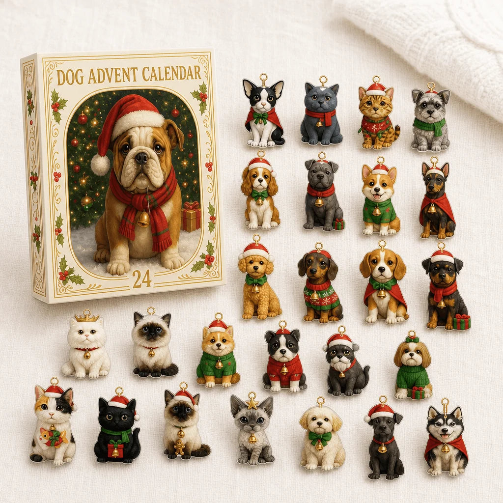 Dog charm advent calendar featuring 24 colorful acrylic ornaments, perfect for a festive Christmas countdown with dog-themed decorations. 1
