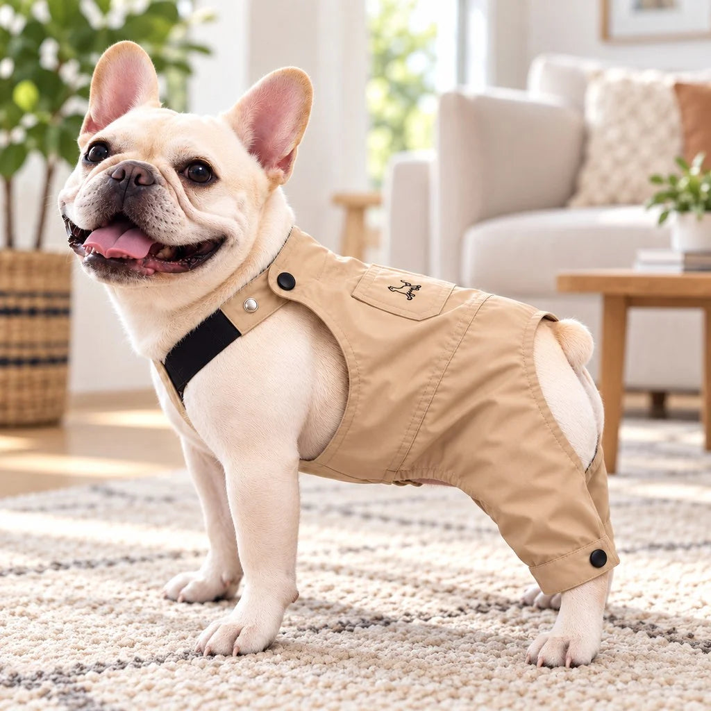 Dog clothes overalls for French Bulldogs featuring adjustable straps, a comfortable utility style, perfect for outdoor adventures. 0