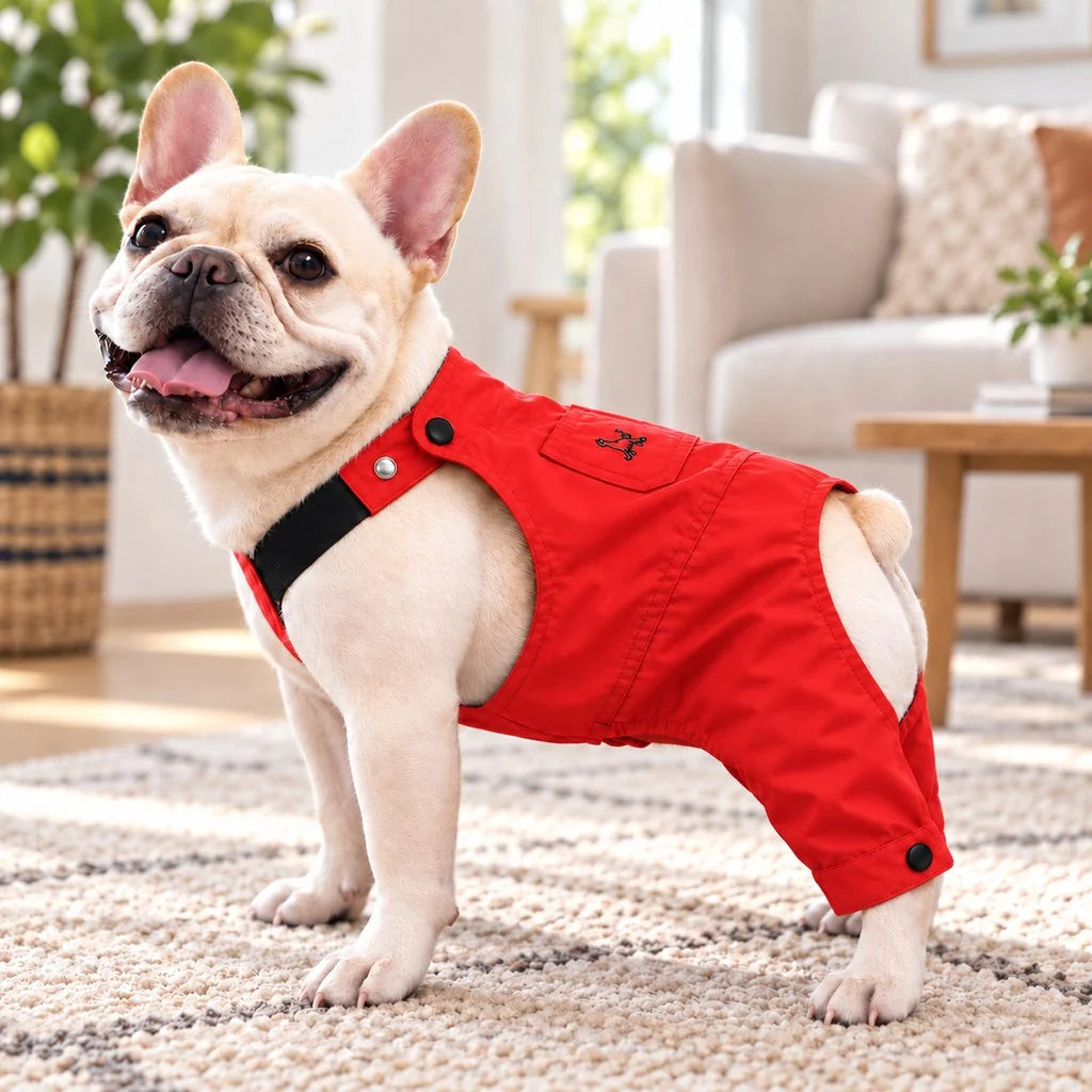 Dog clothes overalls for French Bulldogs featuring adjustable straps, a comfortable utility style, perfect for outdoor adventures. 9