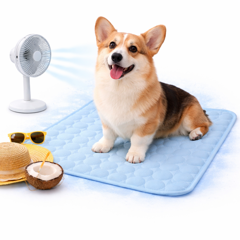 Dog cooling mat made from breathable fabric, designed for indoor and outdoor use, lightweight and foldable for easy storage, perfect for keeping pets cool during summer 1
