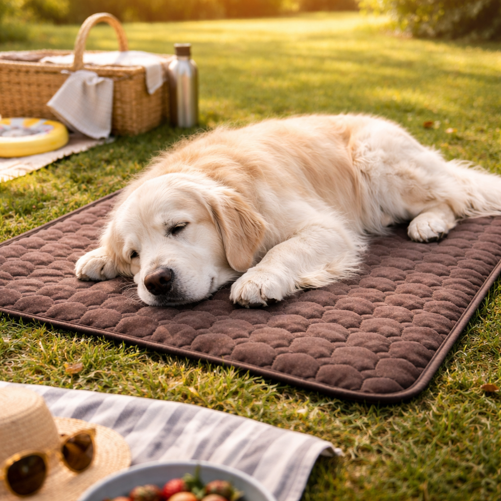 Dog cooling mat made from breathable fabric, designed for indoor and outdoor use, lightweight and foldable for easy storage, perfect for keeping pets cool during summer 2