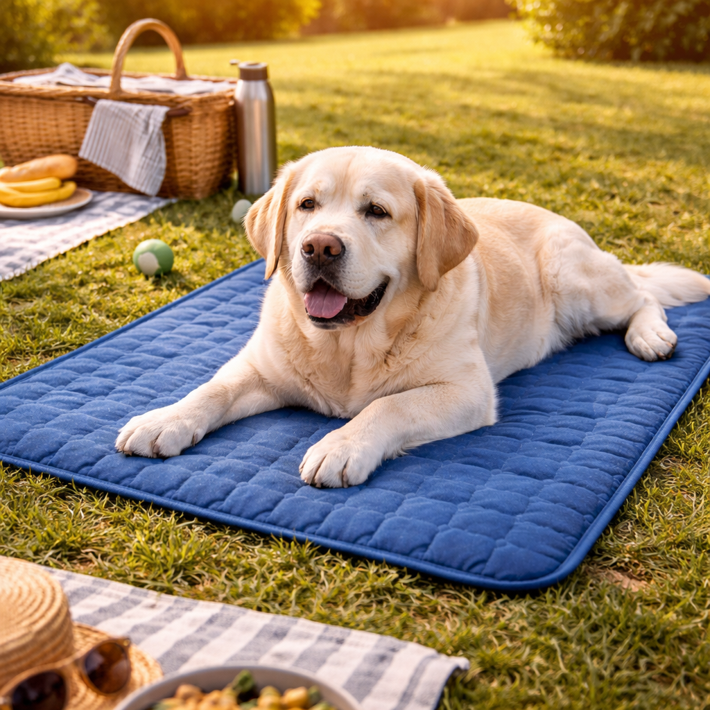 Dog cooling mat made from breathable fabric, designed for indoor and outdoor use, lightweight and foldable for easy storage, perfect for keeping pets cool during summer 4