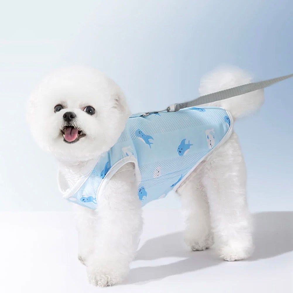 Dog Cooling Vest for Summer – Breathable and Adjustable Fit in Blue Dolphin and White Leaves – Lightweight Heat Protection 1