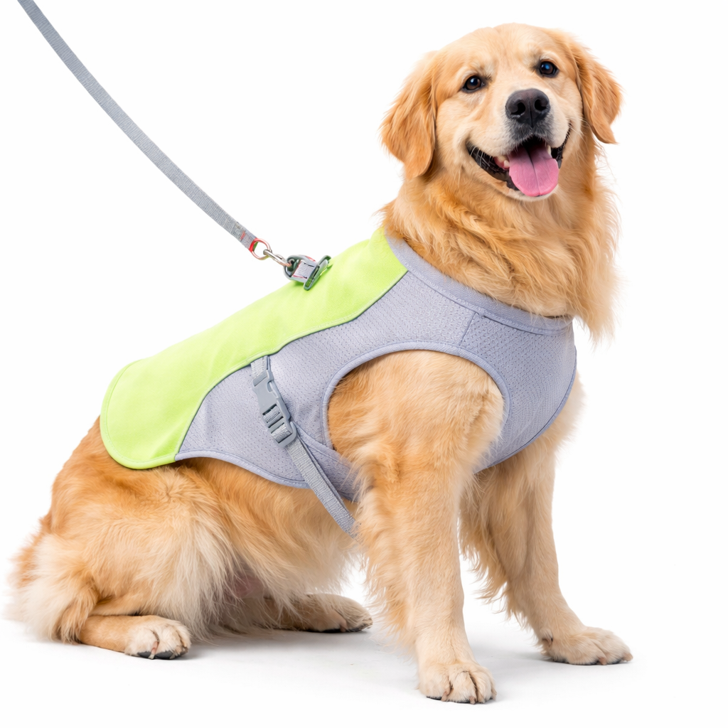 Dog cooling vest featuring evaporative technology, designed for medium to large breeds, made from lightweight breathable mesh for optimal comfort and cooling during hot weather. 0