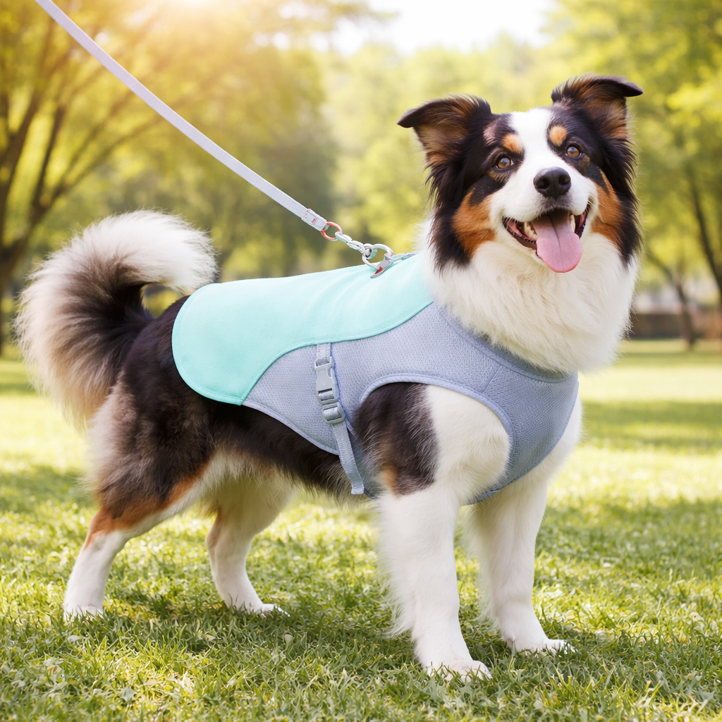 Dog cooling vest featuring evaporative technology, designed for medium to large breeds, made from lightweight breathable mesh for optimal comfort and cooling during hot weather. 1