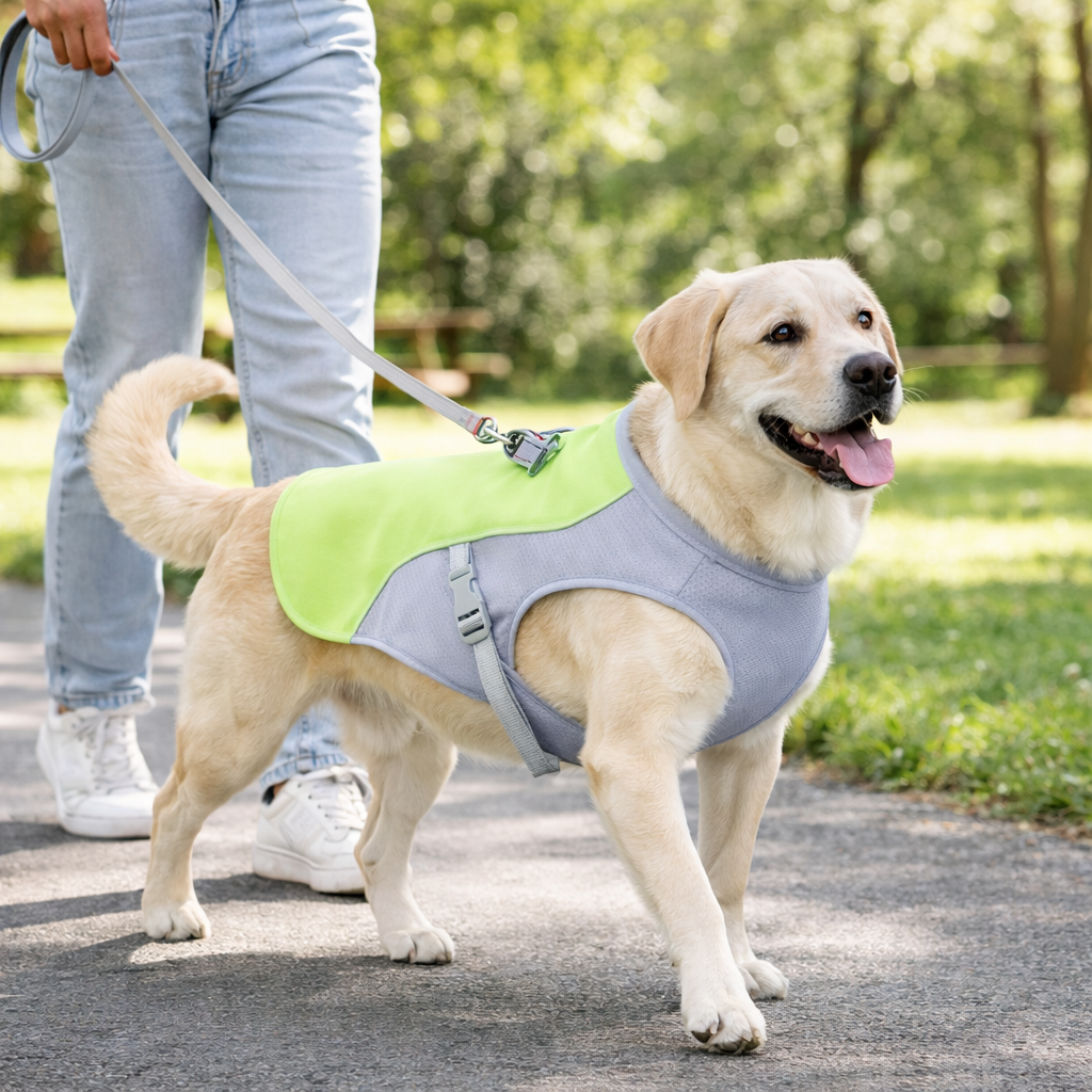 Dog cooling vest featuring evaporative technology, designed for medium to large breeds, made from lightweight breathable mesh for optimal comfort and cooling during hot weather. 3