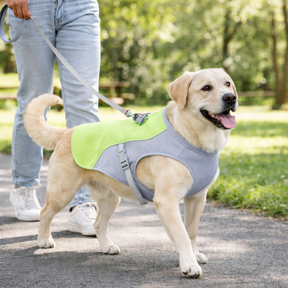 Dog cooling vest featuring evaporative technology, designed for medium to large breeds, made from lightweight breathable mesh for optimal comfort and cooling during hot weather. 3
