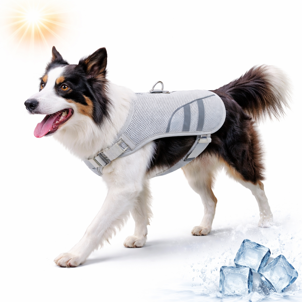 Dog cooling vest featuring an ice pack pocket and reflective strips, designed for active dogs to stay cool and comfortable during summer activities. 0