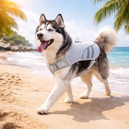 Dog cooling vest featuring an ice pack pocket and reflective strips, designed for active dogs to stay cool and comfortable during summer activities. 1