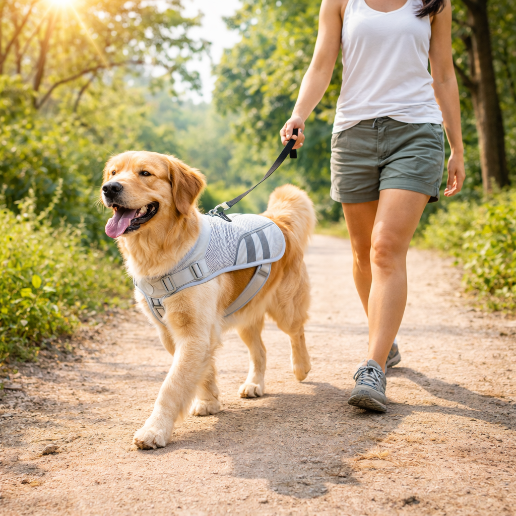 Dog cooling vest featuring an ice pack pocket and reflective strips, designed for active dogs to stay cool and comfortable during summer activities. 2