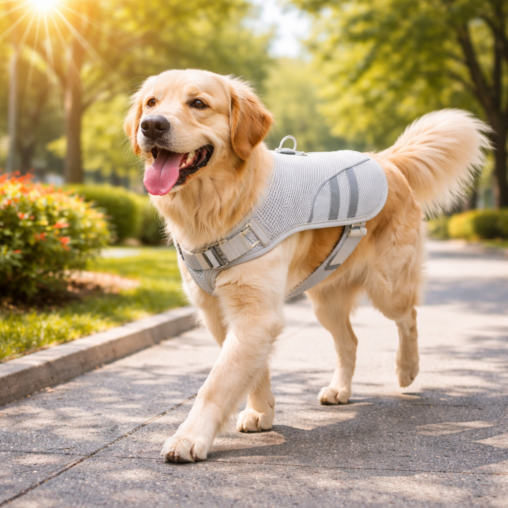 Dog cooling vest featuring an ice pack pocket and reflective strips, designed for active dogs to stay cool and comfortable during summer activities. 4
