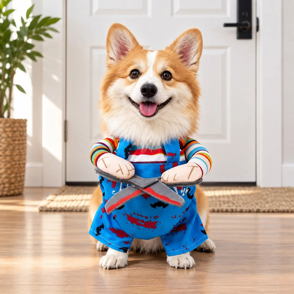 Dog Halloween costume featuring a colorful striped design with 3D character details and faux hands, made of durable polyester for a festive look. 0