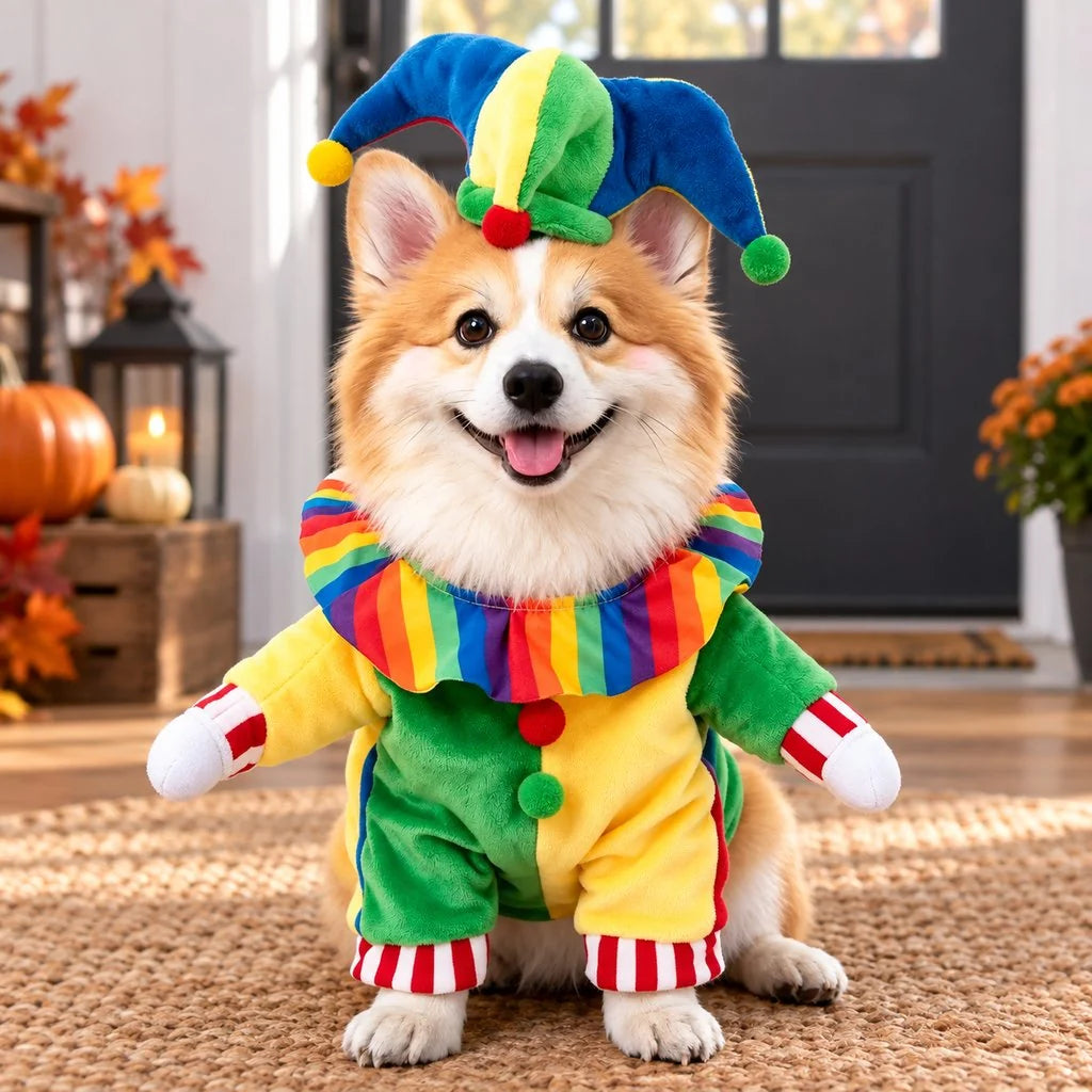 Multicolor dog costume for Halloween featuring a jester hat and fake arms, suitable for pets in sizes S to XL, perfect for festive celebrations. 0