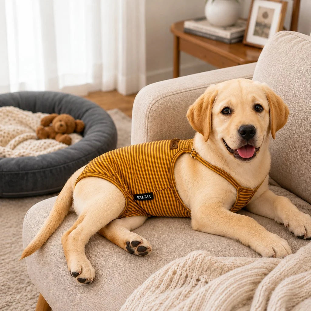 Soft striped fabric dog diaper for female dogs in heat, featuring adjustable straps for a secure fit; washable and reusable period pants for convenient and comfortable use. 1