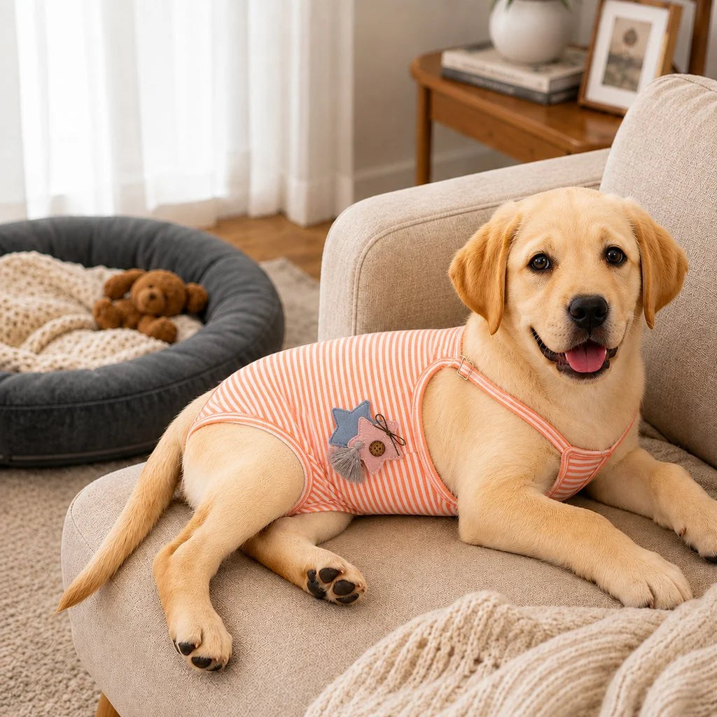 Soft striped fabric dog diaper for female dogs in heat, featuring adjustable straps for a secure fit; washable and reusable period pants for convenient and comfortable use. 10