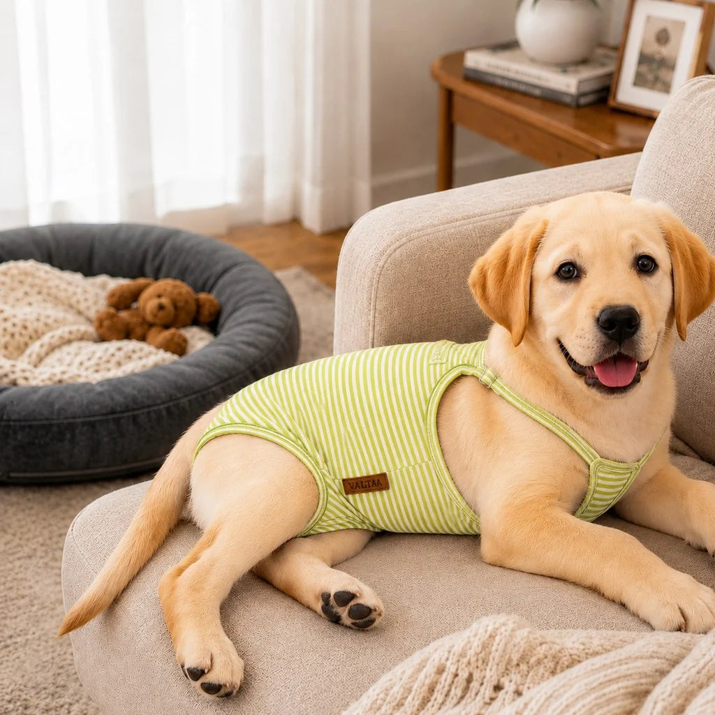Soft striped fabric dog diaper for female dogs in heat, featuring adjustable straps for a secure fit; washable and reusable period pants for convenient and comfortable use. 9