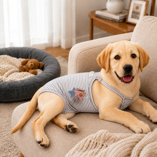 Dog diaper for female dogs in heat with adjustable straps, featuring washable and reusable design in soft striped fabric, perfect for period protection and comfort. 0