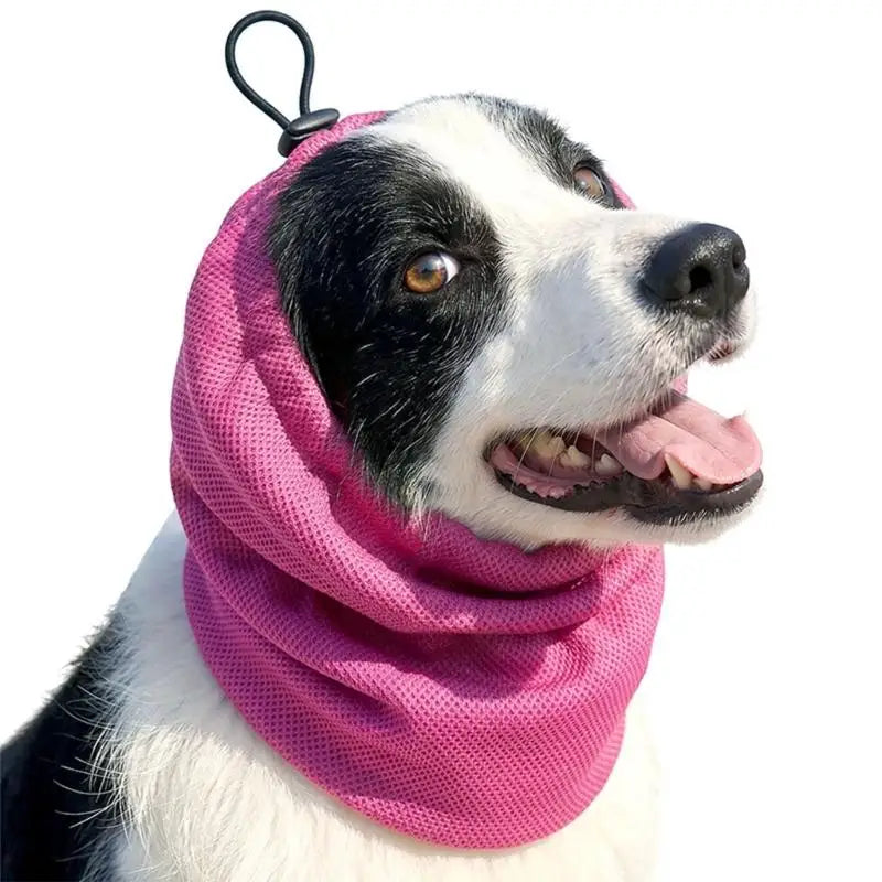Dog ear cover for grooming and noise reduction, made from breathable cooling fabric, suitable for dogs of all sizes. 0