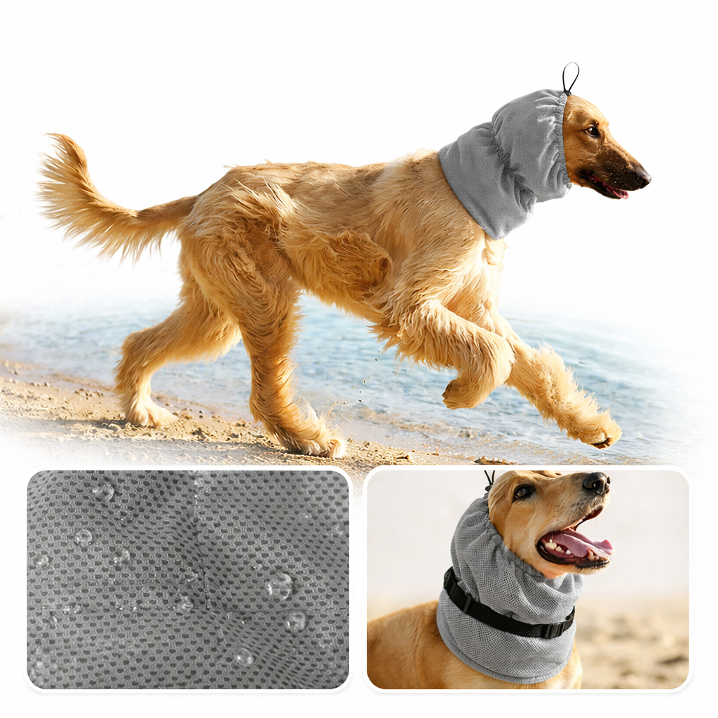 Dog ear cover for grooming and noise reduction, made from breathable cooling fabric, suitable for dogs of all sizes. 1