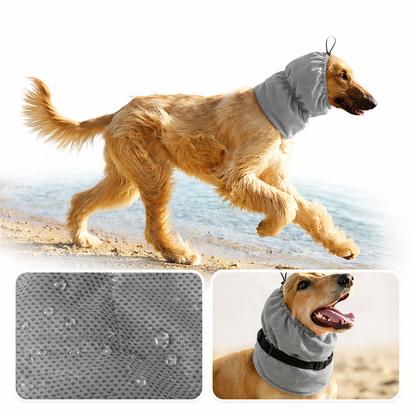Dog ear cover for grooming and noise reduction, made from breathable cooling fabric, suitable for dogs of all sizes. 1