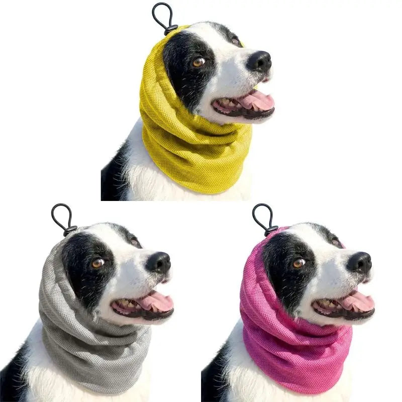 Dog ear cover for grooming and noise reduction, made from breathable cooling fabric, suitable for dogs of all sizes. 6
