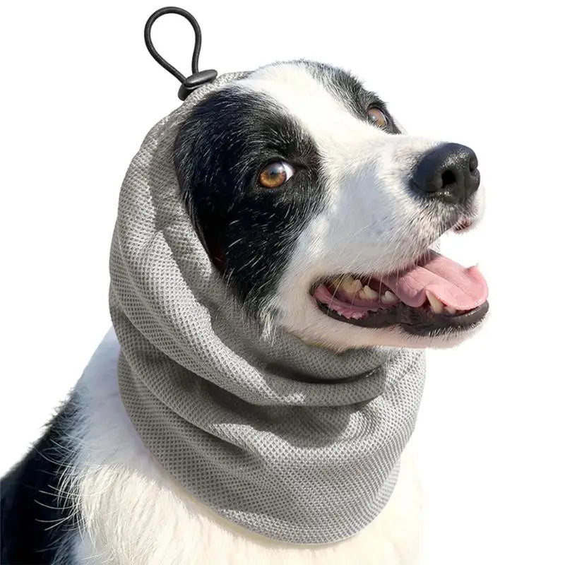 Dog ear cover for grooming and noise reduction, made from breathable cooling fabric, suitable for dogs of all sizes. 7