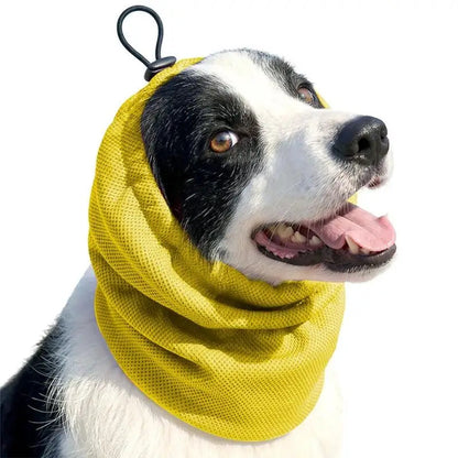 Dog ear cover for grooming and noise reduction, made from breathable cooling fabric, suitable for dogs of all sizes. 8