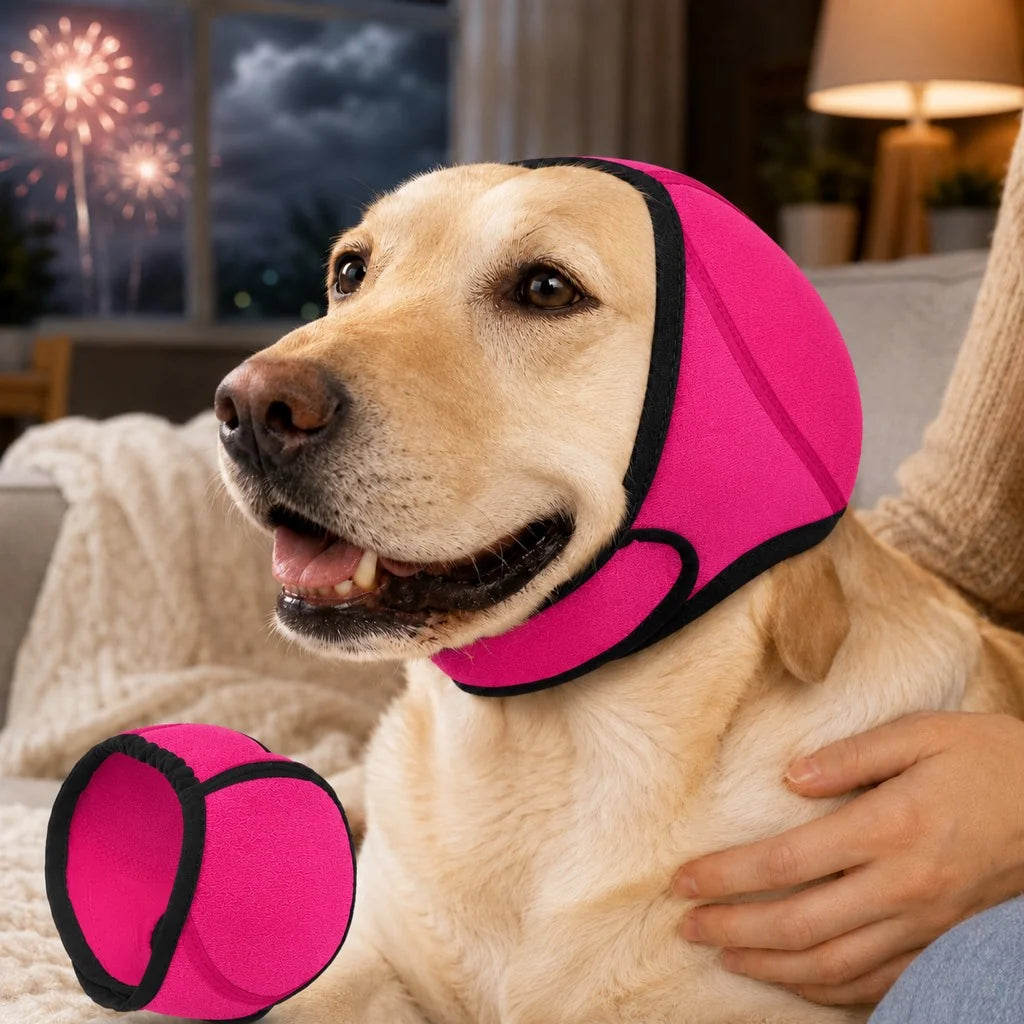 Dog ear cover made of soft stretchy fabric designed for noise and water protection, ideal for keeping dogs comfortable and safe during outdoor activities. 0