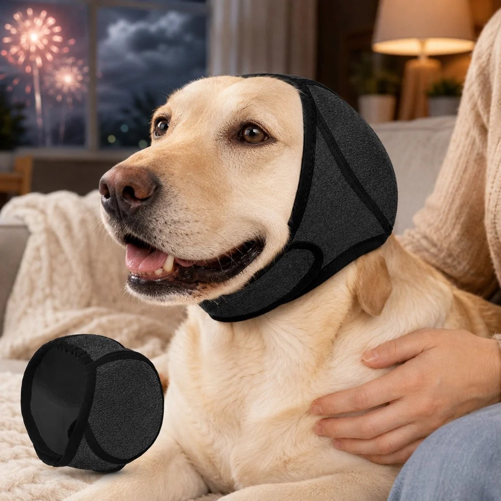 Dog ear cover made of soft stretchy fabric designed for noise and water protection, ideal for keeping dogs comfortable and safe during outdoor activities. 1