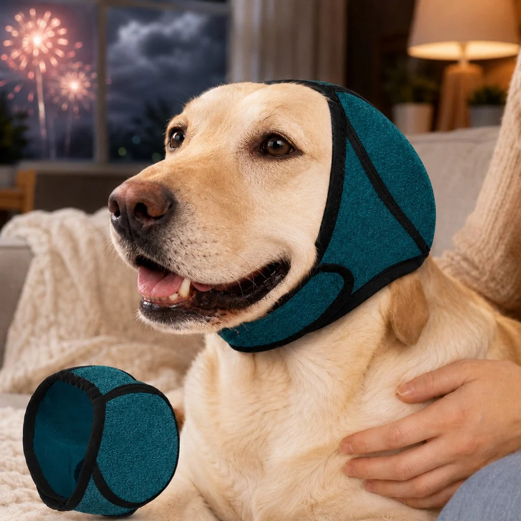 Dog ear cover made of soft stretchy fabric designed for noise and water protection, ideal for keeping dogs comfortable and safe during outdoor activities. 10