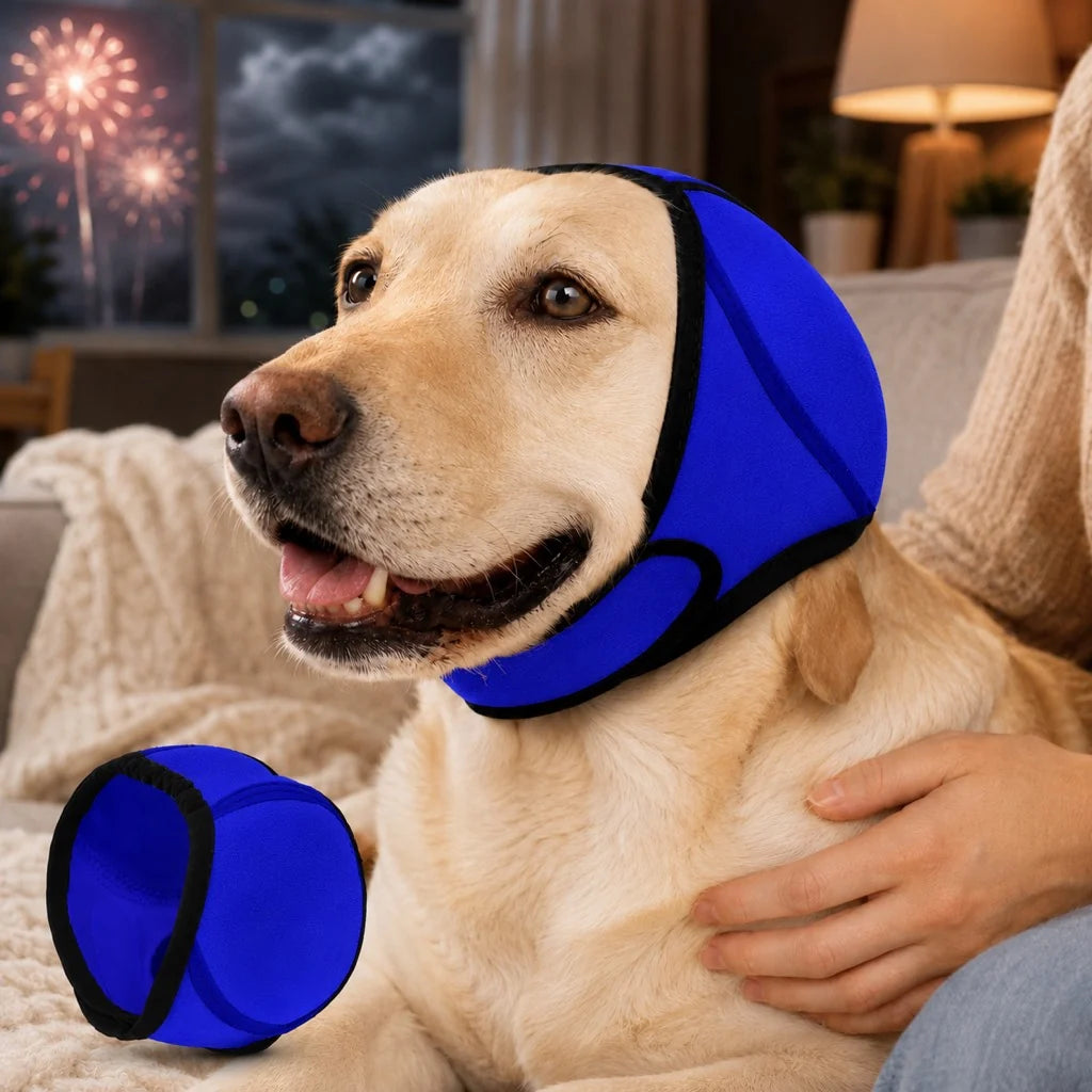 Dog ear cover made of soft stretchy fabric designed for noise and water protection, ideal for keeping dogs comfortable and safe during outdoor activities. 12