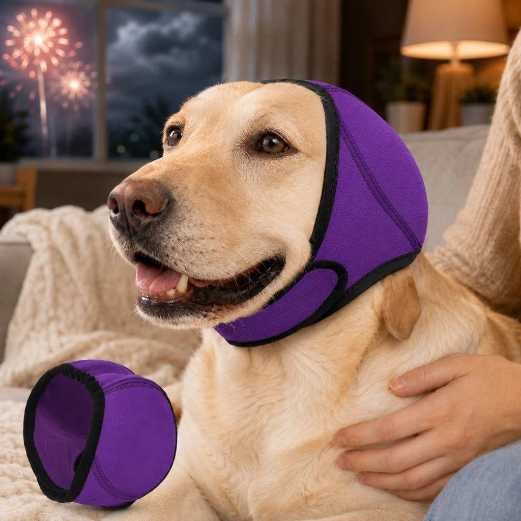 Dog ear cover made of soft stretchy fabric designed for noise and water protection, ideal for keeping dogs comfortable and safe during outdoor activities. 13