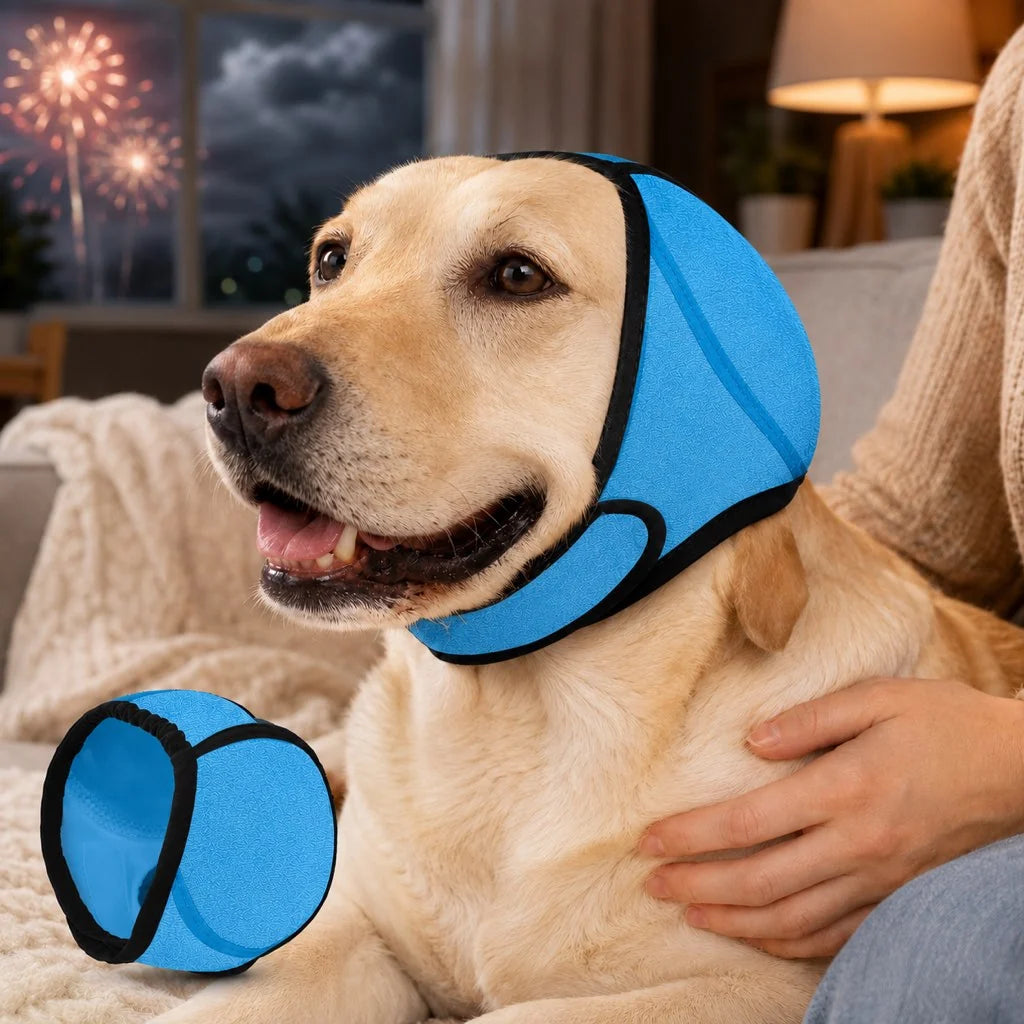 Dog ear cover made of soft stretchy fabric designed for noise and water protection, ideal for keeping dogs comfortable and safe during outdoor activities. 14
