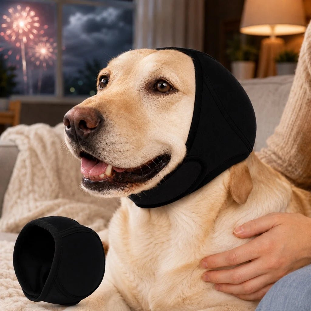 Dog ear cover made of soft stretchy fabric designed for noise and water protection, ideal for keeping dogs comfortable and safe during outdoor activities. 16