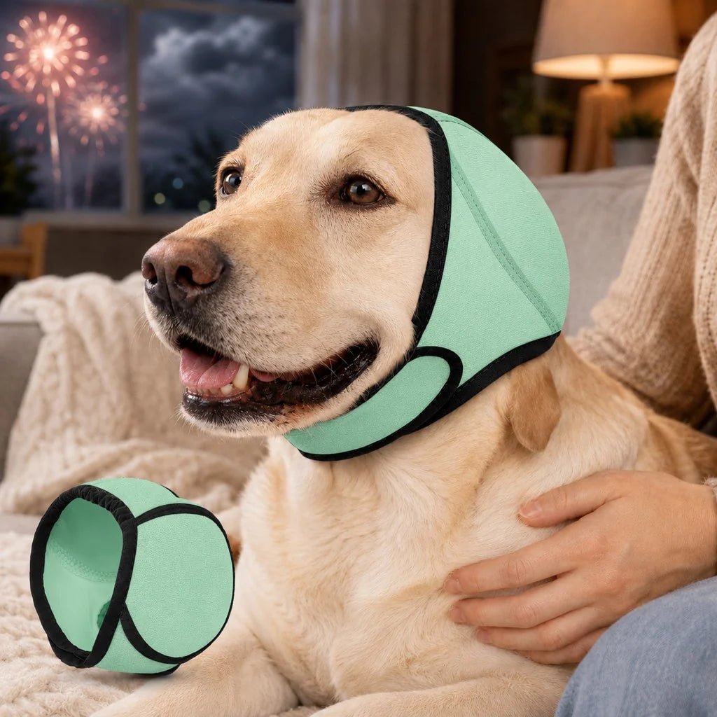 Dog ear cover made of soft stretchy fabric designed for noise and water protection, ideal for keeping dogs comfortable and safe during outdoor activities. 9