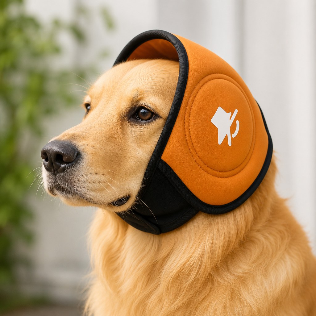 Dog ear muffs for noise reduction, featuring an adjustable fit and soft padded ear protection, designed to keep dogs calm during fireworks and thunderstorms. 0