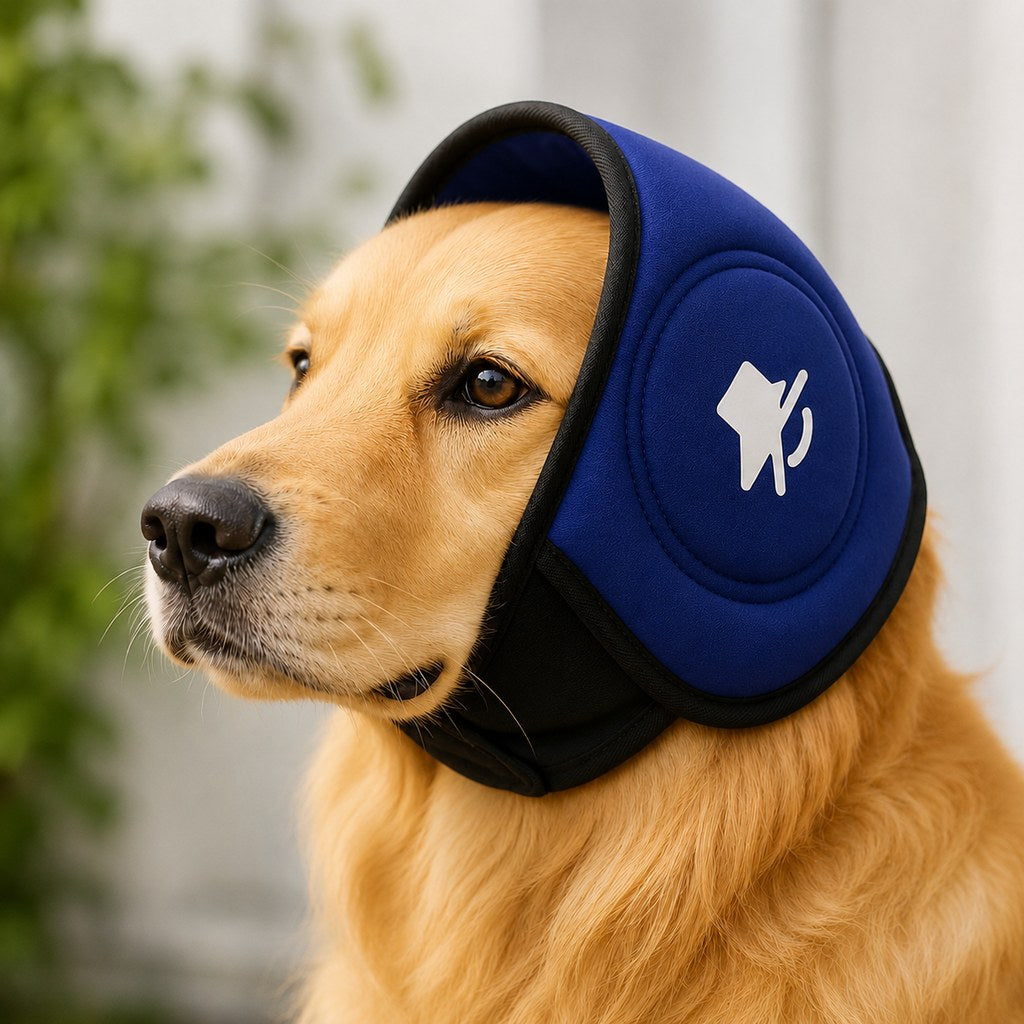 Dog ear muffs for noise reduction, featuring an adjustable fit and soft padded ear protection, designed to keep dogs calm during fireworks and thunderstorms. 10