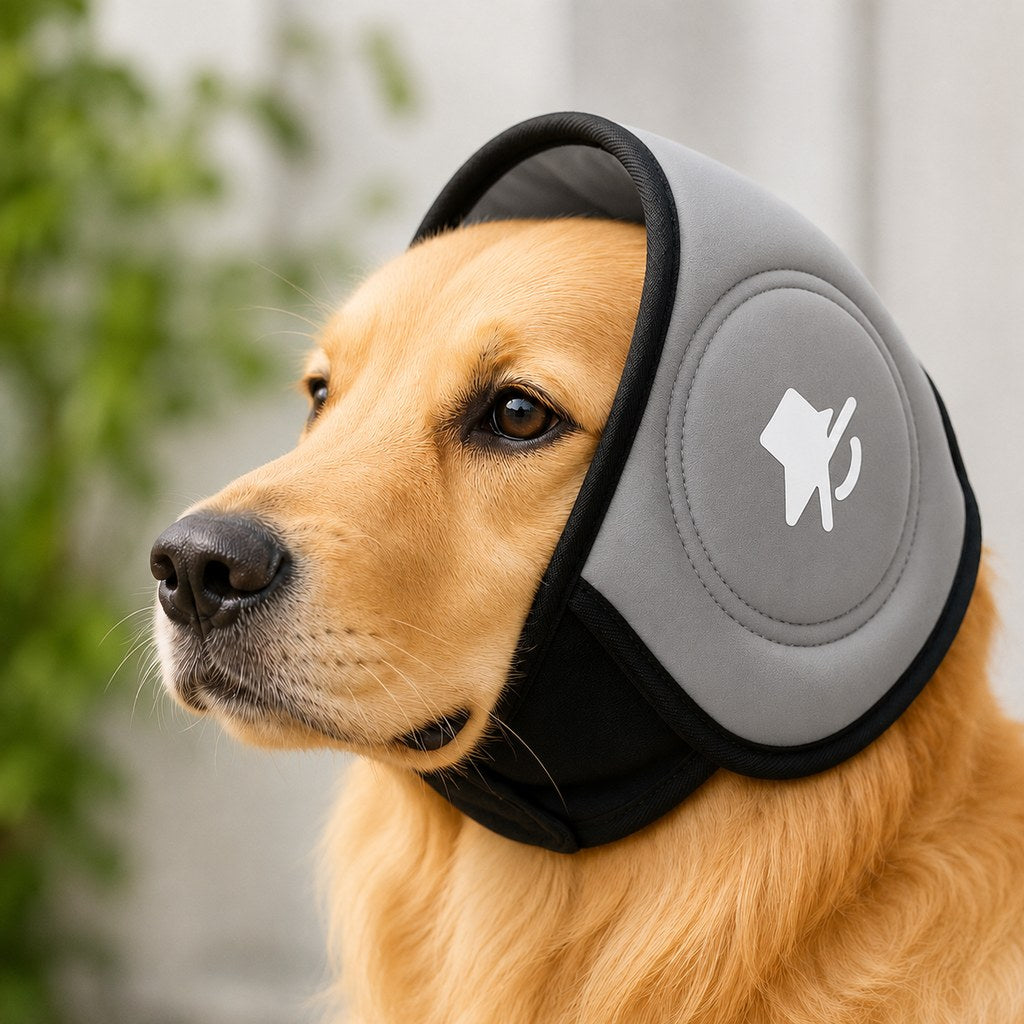 Dog ear muffs for noise reduction, featuring an adjustable fit and soft padded ear protection, designed to keep dogs calm during fireworks and thunderstorms. 9