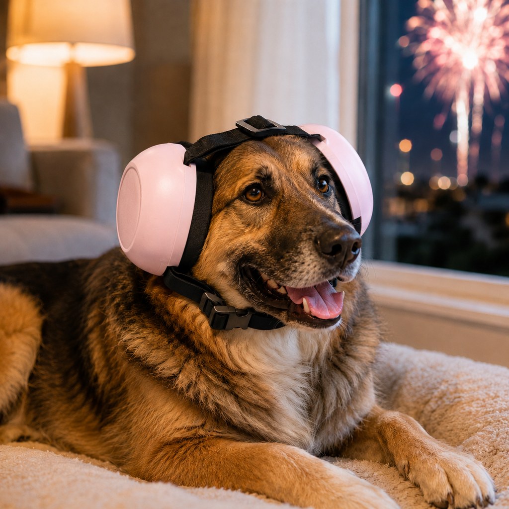 Dog ear muffs for noise reduction featuring an adjustable fit and soft padded ear protection, designed specifically for medium and large dogs. 0