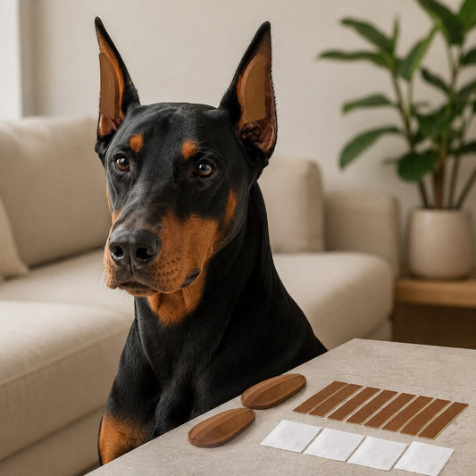 Dog Ear Posting Support Kit featuring self-adhesive contoured patches for temporary ear positioning, suitable for various dog breeds, available in 7 sizes 0