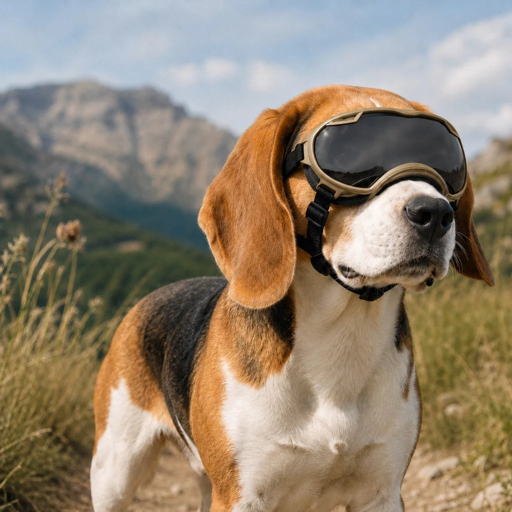 Dog goggles featuring a smoke lens for eye protection, designed with an adjustable wraparound fit, perfect for hiking and beach activities. 10