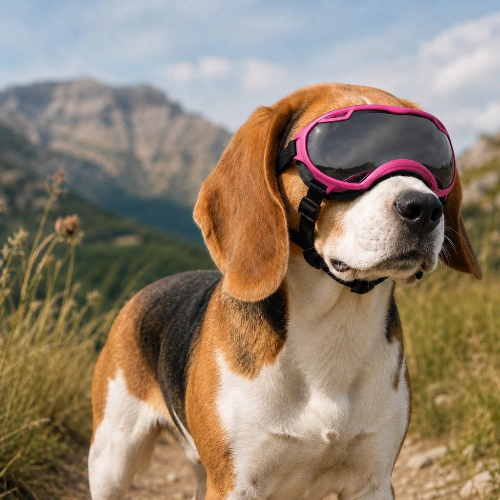 Dog goggles featuring a smoke lens for eye protection, designed with an adjustable wraparound fit, perfect for hiking and beach activities. 14