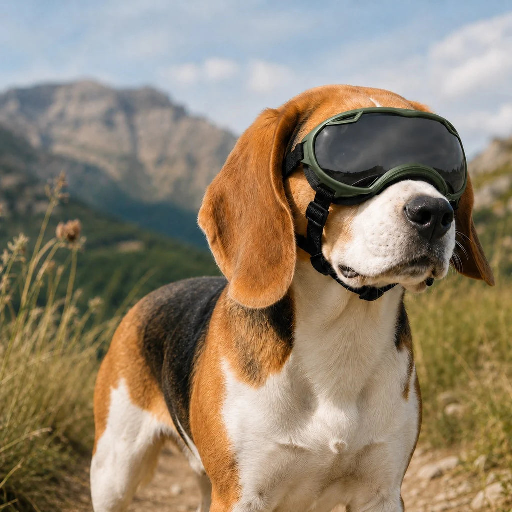 Dog goggles featuring a smoke lens for eye protection, designed with an adjustable wraparound fit, perfect for hiking and beach activities. 15