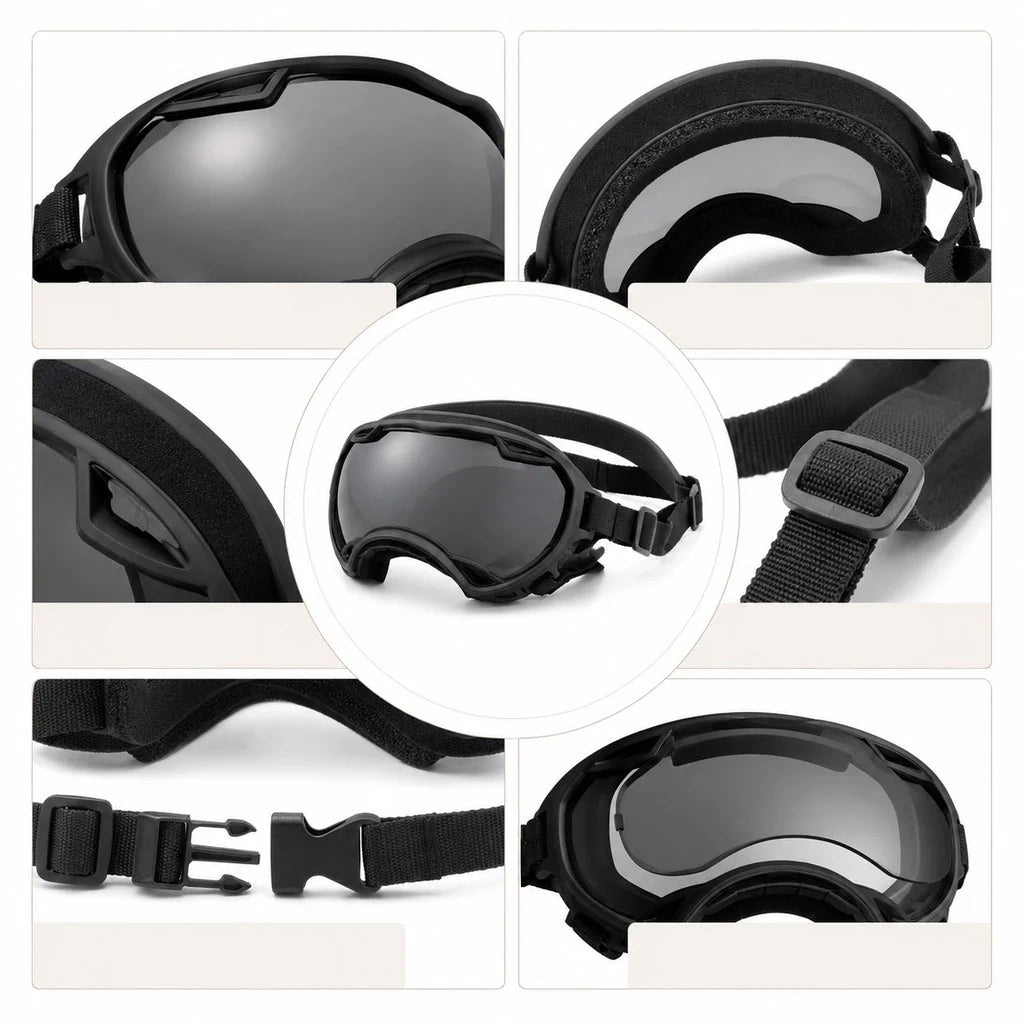 Dog goggles featuring a smoke lens for eye protection, designed with an adjustable wraparound fit, perfect for hiking and beach activities. 8