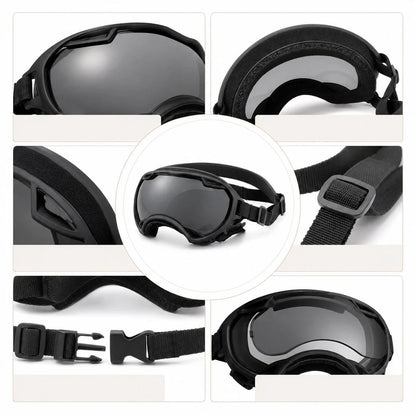 Dog goggles featuring a smoke lens for eye protection, designed with an adjustable wraparound fit, perfect for hiking and beach activities. 8
