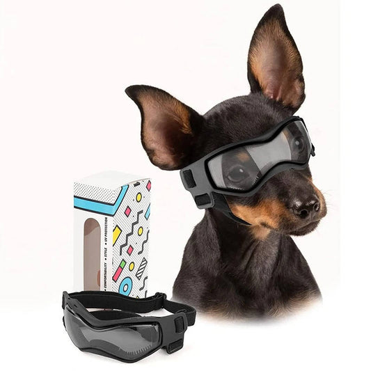 Dog goggles with UV protection featuring an adjustable strap, designed for canine eye safety during outdoor activities, ensuring durability and comfort for pets. 0